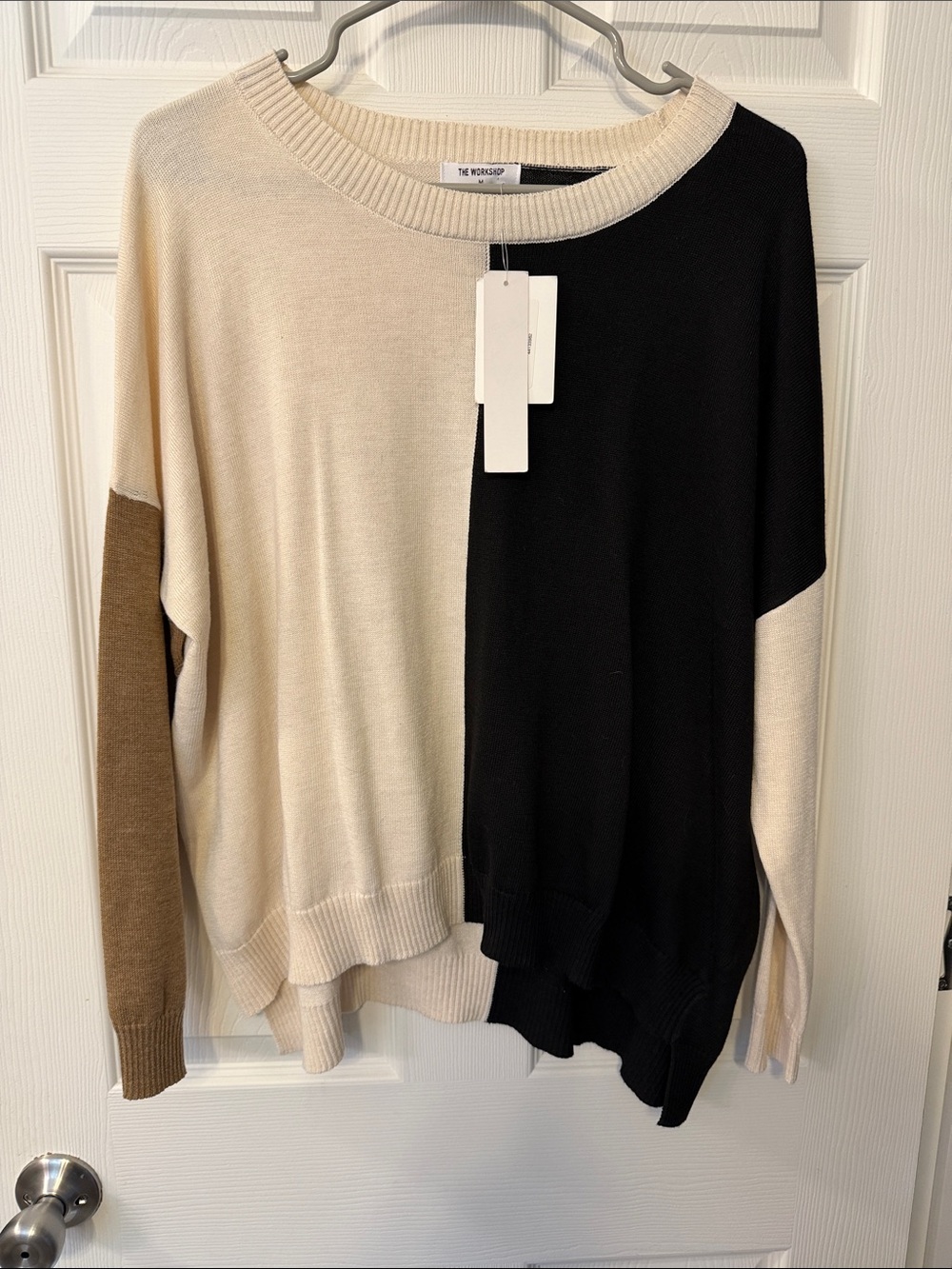 Workshop Republic Clothing Two-Tone Black, Cream & Brown Crewneck Sweater